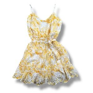 Express Womens XL Yellow Tie Dye Eyelet Lace Tiered Mini Dress Ruffle Sun Dress